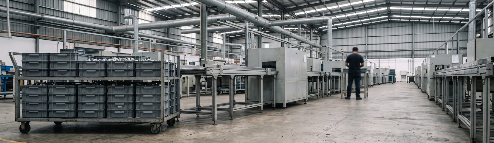 A trolley of component trays parked beside a production line running away from camera.