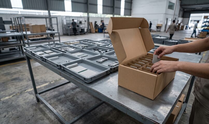 Components laid out in trays on a work table beside a part-packed divided box.