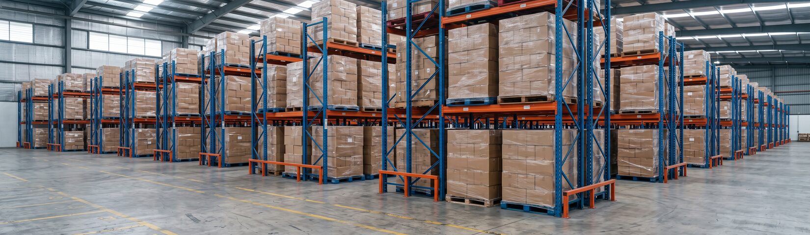 Rows of pallet racking seen at an angle, every level stacked with wrapped cartons.